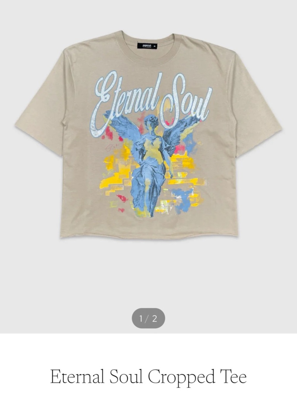 Eternal Soul Cropped Tee - Beige with Blue & Yellow Graphic